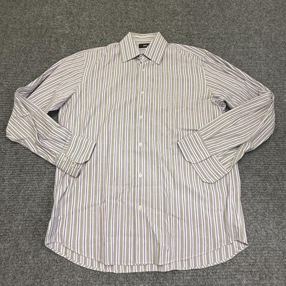 Hugo Boss Shirt Mens 15.5 32/33 Gray Purple Stripe Cotton Dress Long Sleeve